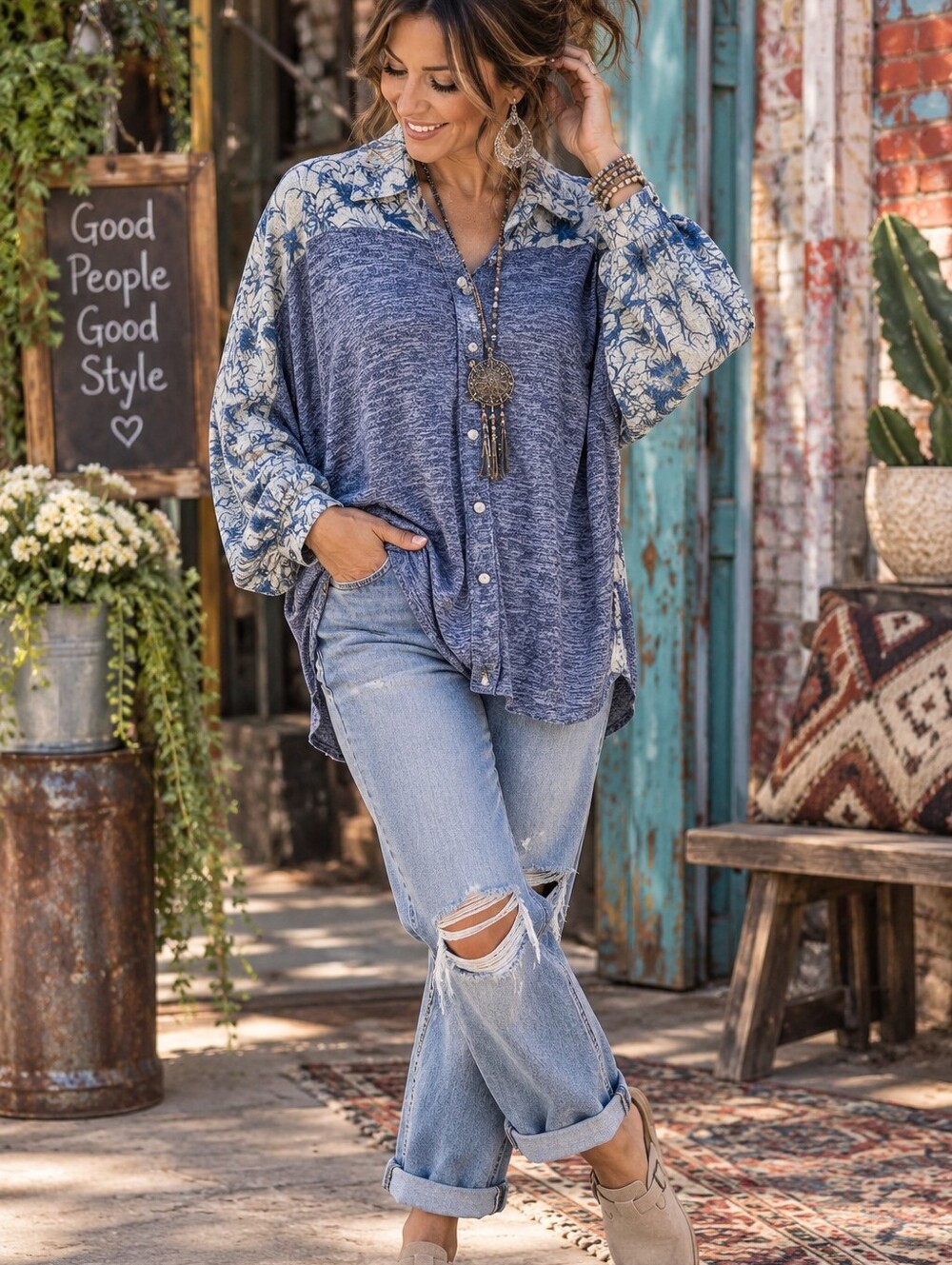 Young Threads Womens Floral Button Down Top Blue & White Small NWT